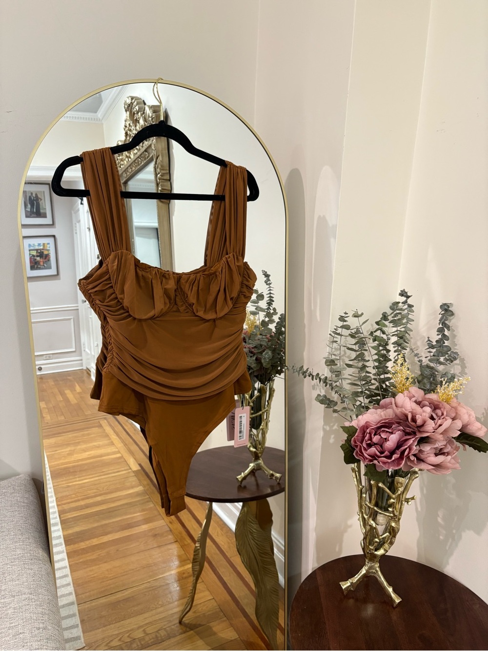 MICAS XL Ruched One-Piece Bodysuit in Caramel Brown